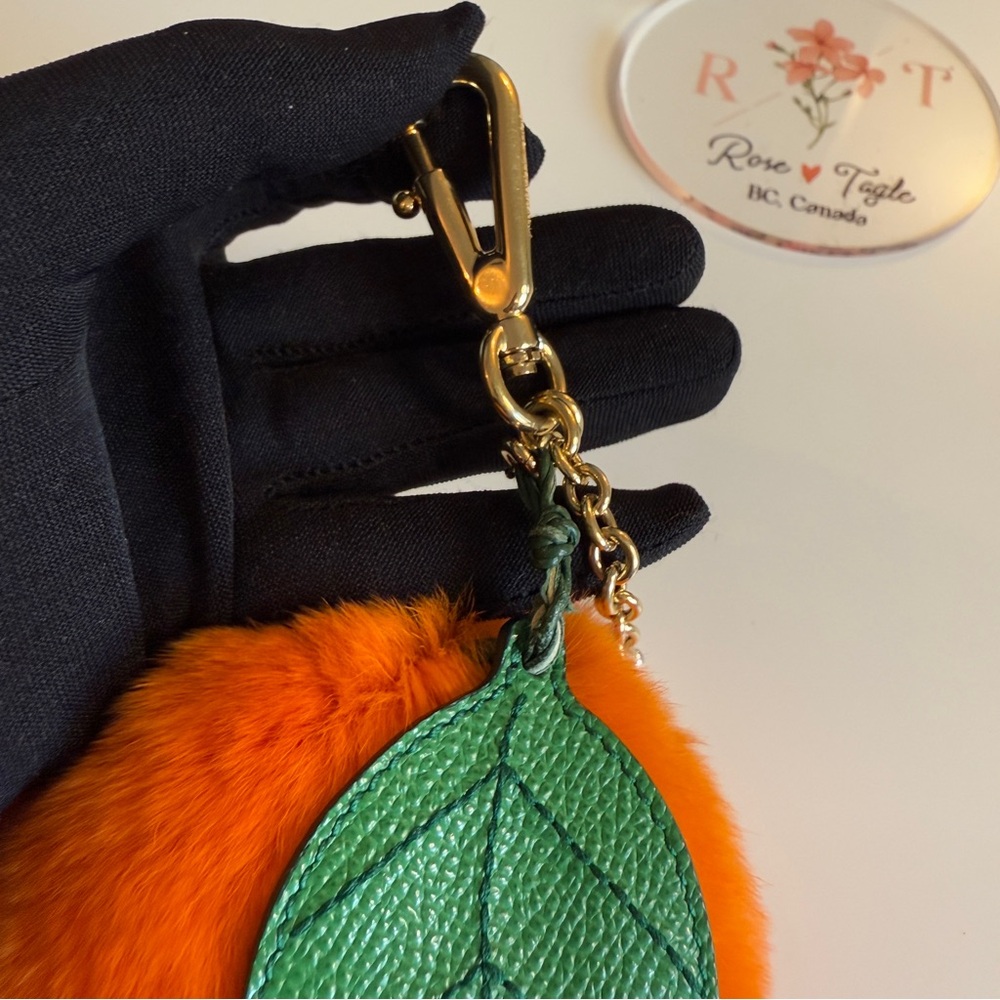 Orange Furry Pom Pom Keychain with Green Leaf - Picture 4 of 12
